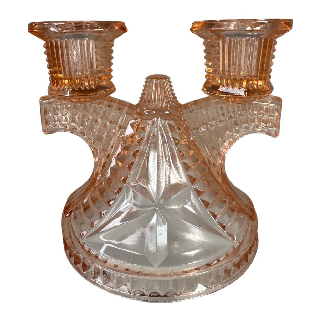 Federal Glass Wigwam Windmill Double-pillar Candlestick Pink Depression Vtg 30s